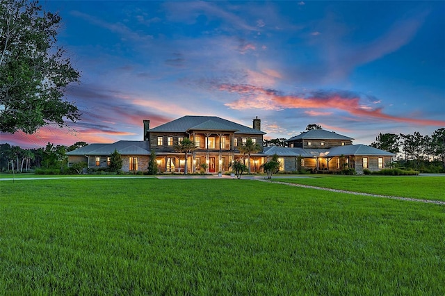 view of front of property featuring stone siding, a lawn, and a chimney