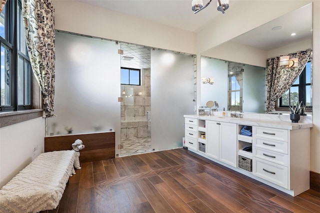 bathroom featuring a wealth of natural light, wood finish floors, vanity, and walk in shower