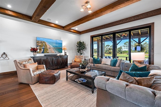 living room featuring a wealth of natural light, beam ceiling, baseboards, and wood finished floors