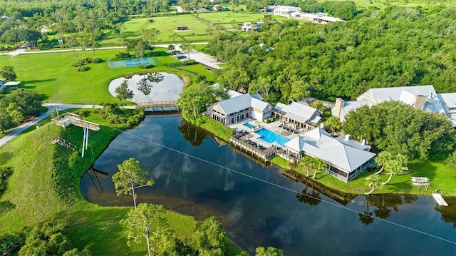 drone / aerial view featuring a water view