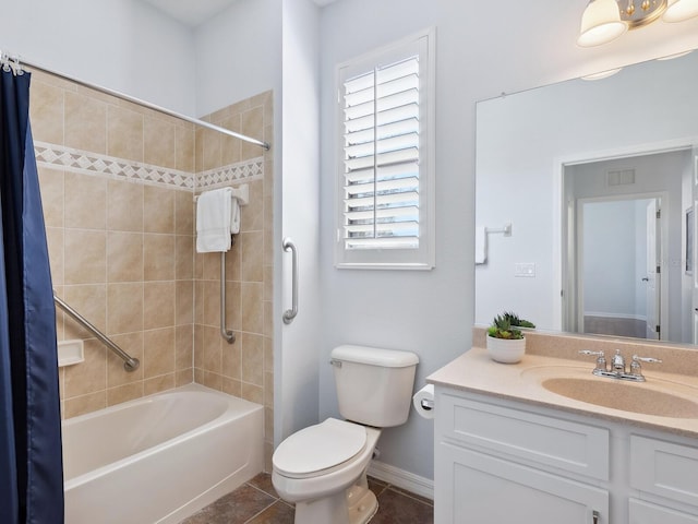 bathroom with visible vents, toilet, shower / tub combo with curtain, tile patterned flooring, and vanity