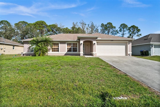 single story home featuring concrete driveway, a front lawn, an attached garage, and stucco siding