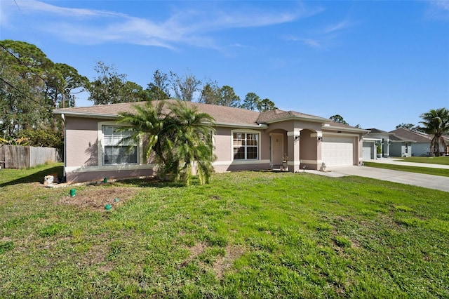 single story home with concrete driveway, stucco siding, an attached garage, fence, and a front yard