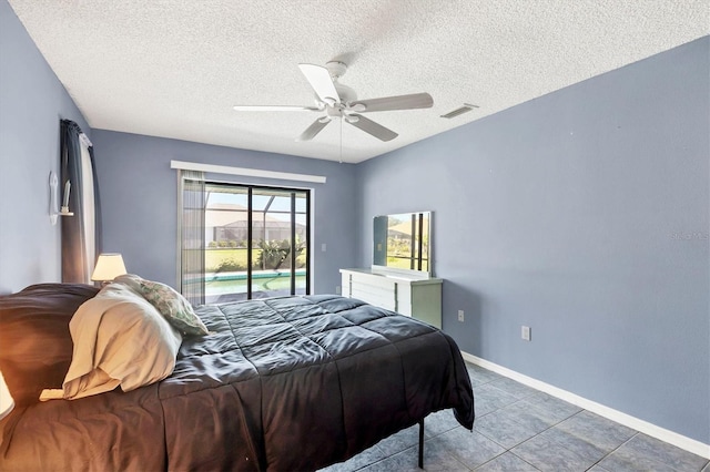 bedroom featuring visible vents, ceiling fan, a textured ceiling, access to outside, and baseboards