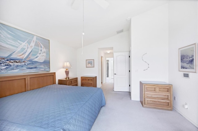 bedroom featuring a ceiling fan, light colored carpet, and high vaulted ceiling