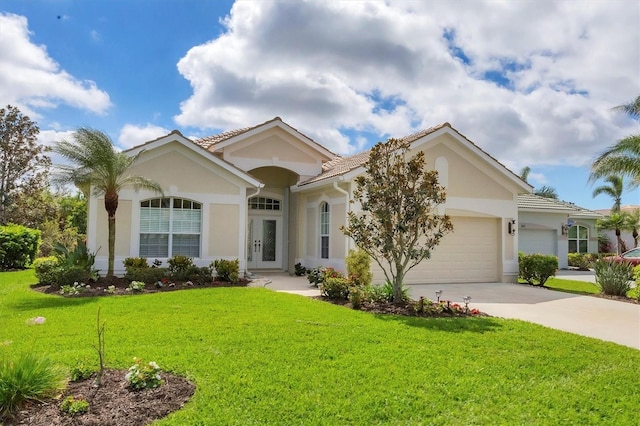 view of front of property with a garage, a front lawn, concrete driveway, and stucco siding