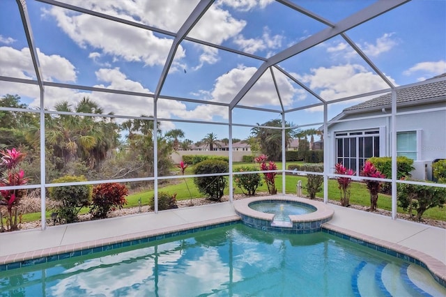 outdoor pool with glass enclosure and an in ground hot tub