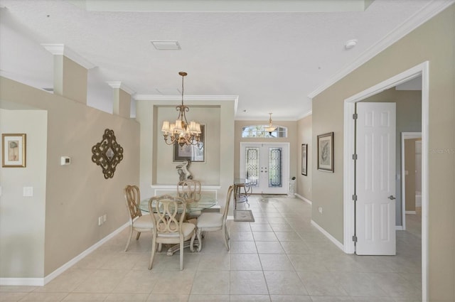 dining space featuring french doors, visible vents, ornamental molding, light tile patterned flooring, and baseboards