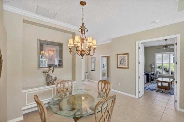 dining room featuring baseboards, visible vents, ornamental molding, ceiling fan with notable chandelier, and light tile patterned flooring