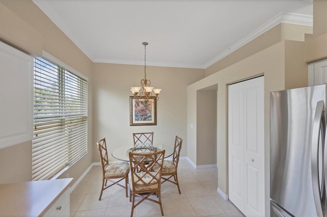 dining area featuring baseboards, light tile patterned floors, and crown molding