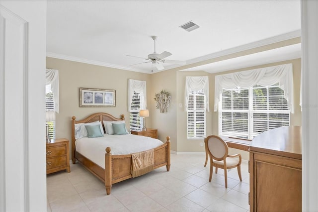 bedroom featuring ornamental molding, visible vents, baseboards, and multiple windows