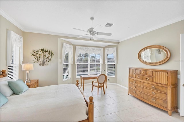 bedroom with ornamental molding, visible vents, baseboards, and light tile patterned floors