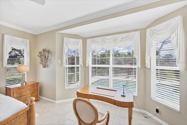 office featuring crown molding, baseboards, and light tile patterned floors