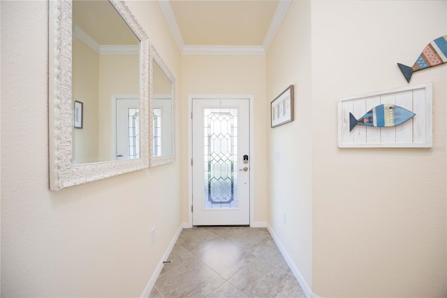 doorway to outside with baseboards, tile patterned floors, and crown molding