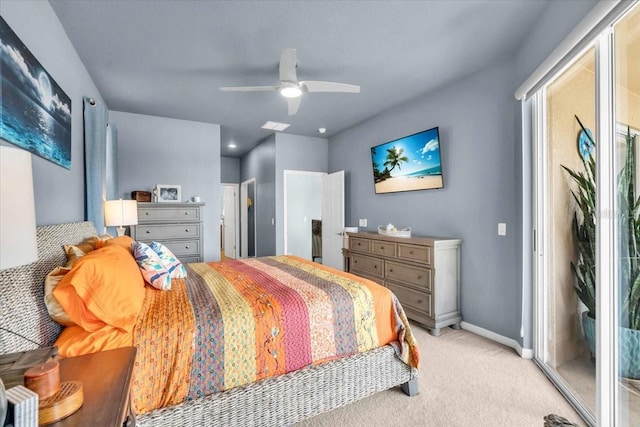 bedroom with ceiling fan, access to outside, baseboards, and light carpet