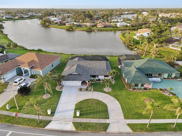 aerial view featuring a water view and a residential view