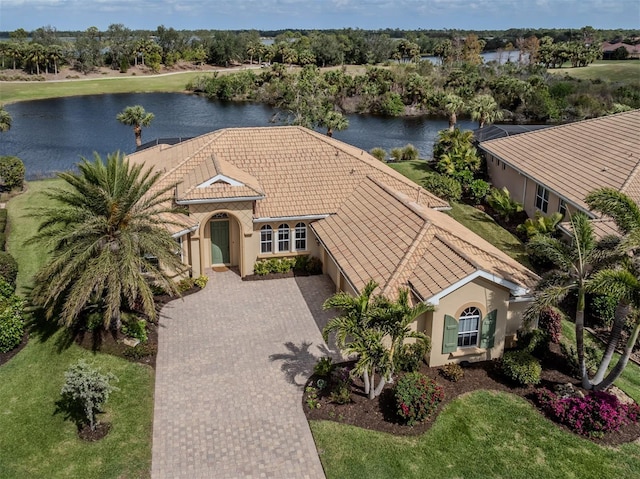 drone / aerial view featuring a water view