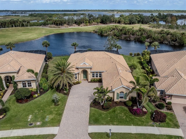 aerial view featuring a water view