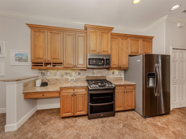 kitchen featuring tasteful backsplash, appliances with stainless steel finishes, light stone counters, and crown molding