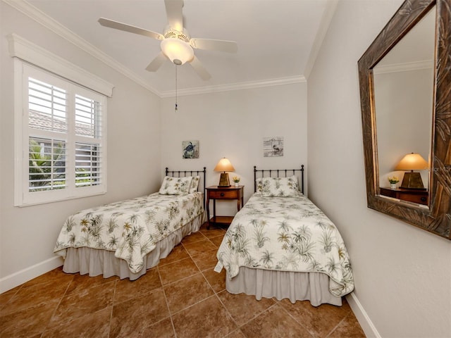 bedroom featuring ornamental molding, baseboards, and a ceiling fan