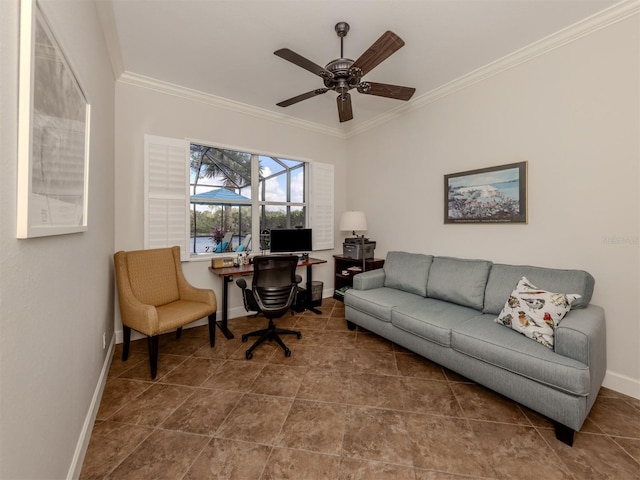 office space with baseboards, ornamental molding, a ceiling fan, and tile patterned floors