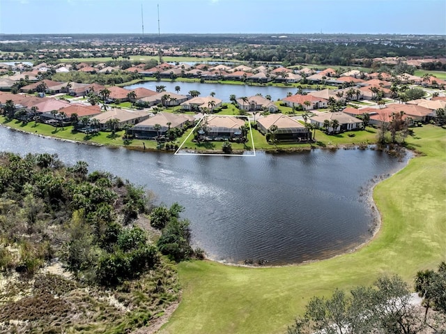 aerial view featuring a water view and a residential view