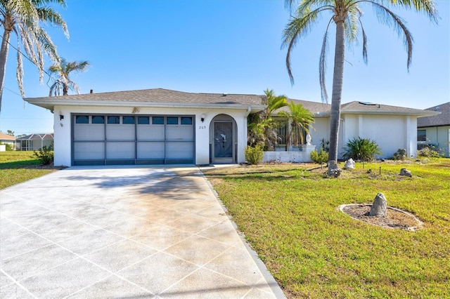 ranch-style home with stucco siding, an attached garage, and a front yard