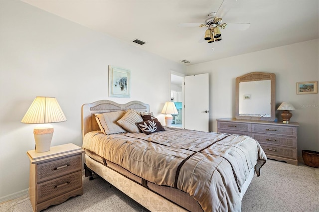 bedroom featuring carpet flooring, visible vents, and ceiling fan