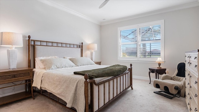 bedroom featuring ornamental molding, light colored carpet, baseboards, and a ceiling fan