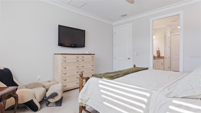 carpeted bedroom with ceiling fan, ornamental molding, visible vents, and ensuite bathroom