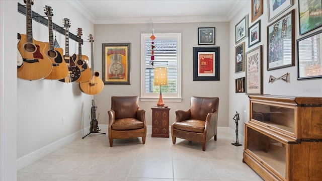 living area with ornamental molding, light tile patterned flooring, and baseboards