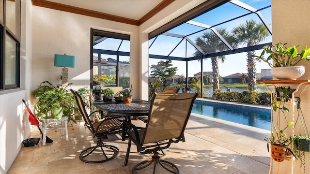 view of patio / terrace with a lanai, an outdoor pool, and outdoor dining area