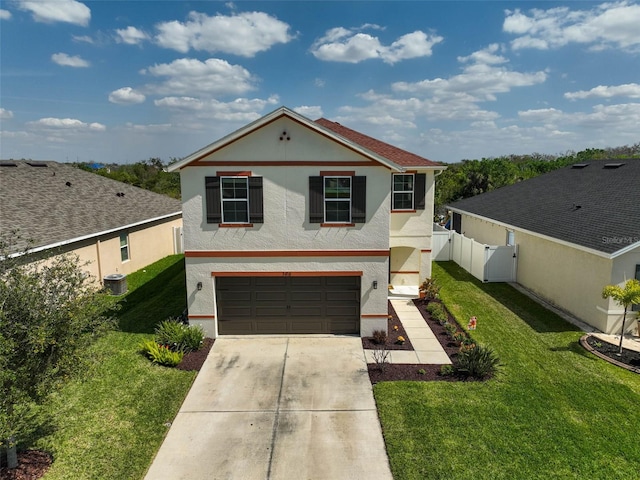 traditional-style home with stucco siding, concrete driveway, an attached garage, cooling unit, and a front lawn