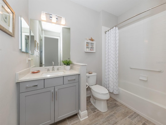 bathroom featuring vanity, shower / bath combination with curtain, toilet, and wood tiled floor