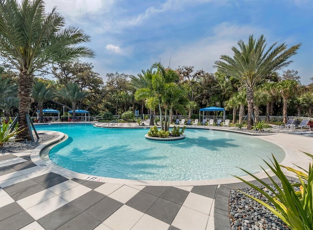 pool featuring a patio area and fence