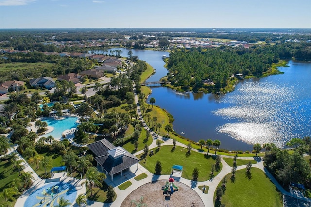 drone / aerial view featuring a water view