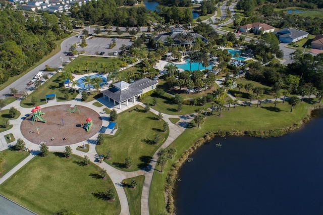 birds eye view of property featuring a water view