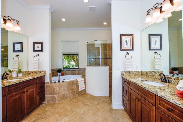 full bath featuring a sink, ornamental molding, and a walk in shower