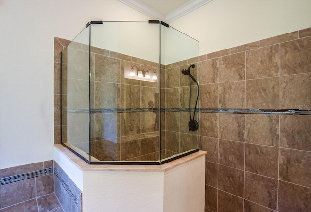 full bathroom featuring crown molding and walk in shower