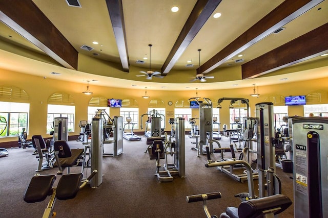 gym featuring a ceiling fan, recessed lighting, and visible vents