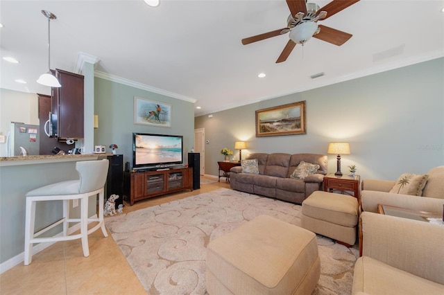 living room featuring light tile patterned floors, visible vents, a ceiling fan, ornamental molding, and recessed lighting