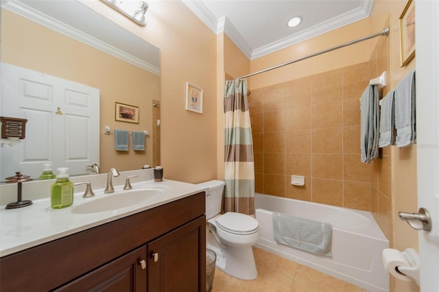 bathroom with shower / tub combo with curtain, tile patterned flooring, crown molding, and toilet