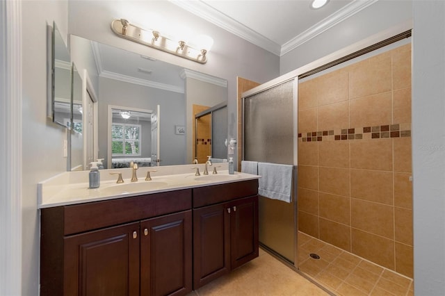 full bathroom featuring crown molding, ensuite bath, a sink, and a shower stall