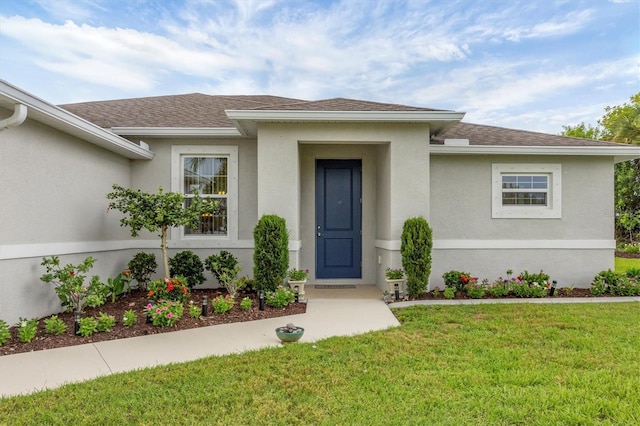 entrance to property featuring roof with shingles, a lawn, and stucco siding