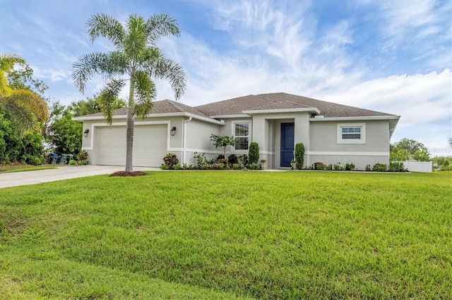 ranch-style house with a shingled roof, concrete driveway, an attached garage, a front yard, and stucco siding