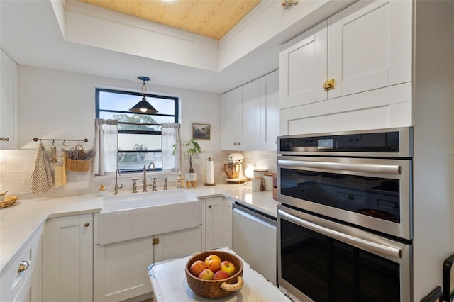 kitchen featuring tasteful backsplash, a tray ceiling, white cabinets, stainless steel appliances, and a sink