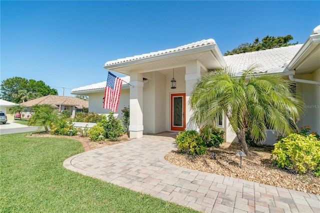 view of exterior entry featuring stucco siding, a tiled roof, and a yard