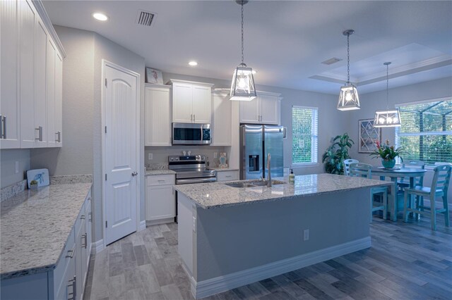 kitchen with light wood finished floors, visible vents, appliances with stainless steel finishes, and a tray ceiling