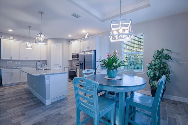 kitchen with visible vents, dark wood finished floors, a tray ceiling, appliances with stainless steel finishes, and a sink