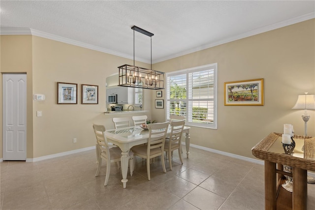 dining space featuring light tile patterned floors, a notable chandelier, baseboards, and crown molding